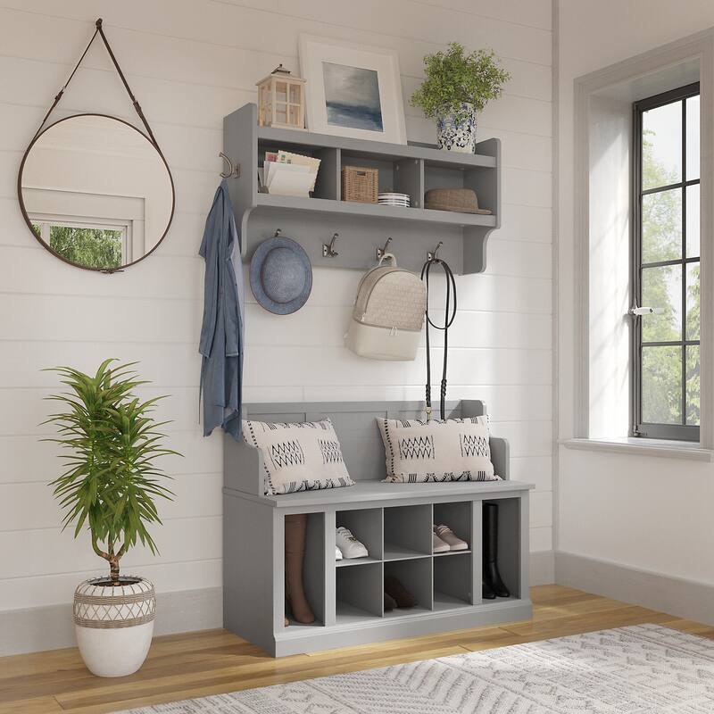 Woodland 40W Entryway Bench and Wall Mounted Shelf by Bush Furniture - Cape Cod Gray