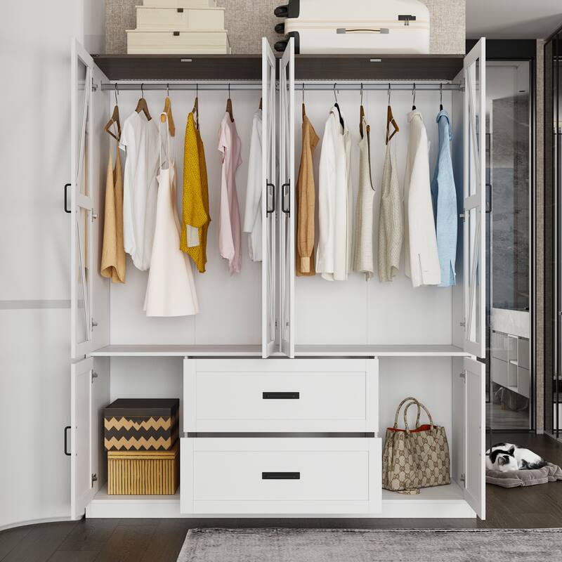 Wardrobe Closet with Glass Doors, 6 Cabinets, 2 Drawers & LED Hanging Rods Bedroom Armoire Storage Organizer