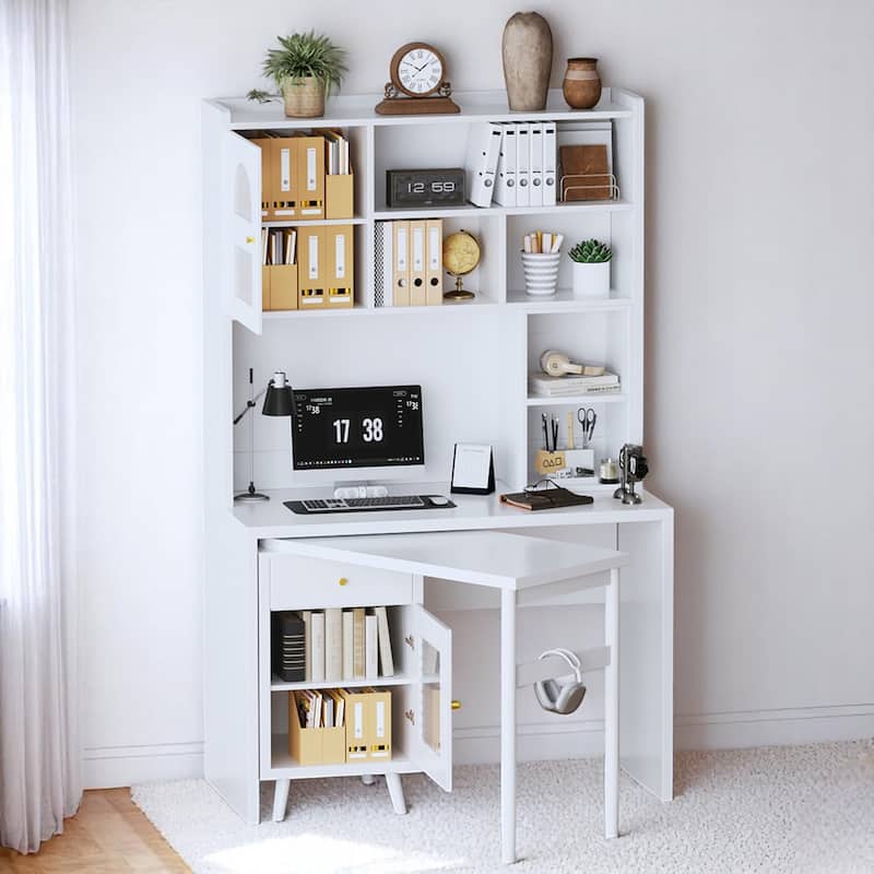 KISRAIS Office Desk with 90 Degree Rotating Desktop for Study, Home Office, Bedroom and Living Room