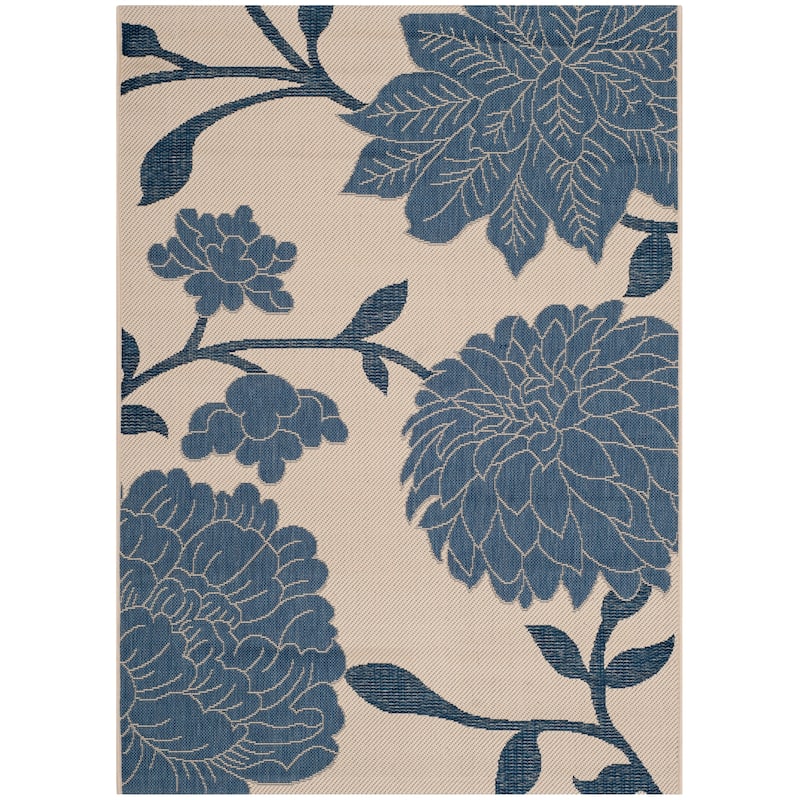 SAFAVIEH Courtyard Damaris Floral Indoor/ Outdoor Waterproof Patio Backyard Rug - 2'7" x 5' - Beige/Blue