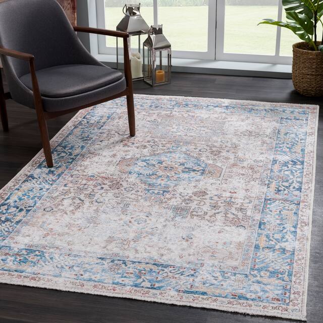 Bloom Rugs Caria Washable Non-slip Area Rug - 7'8" x 10' - Beige / Ocean Blue