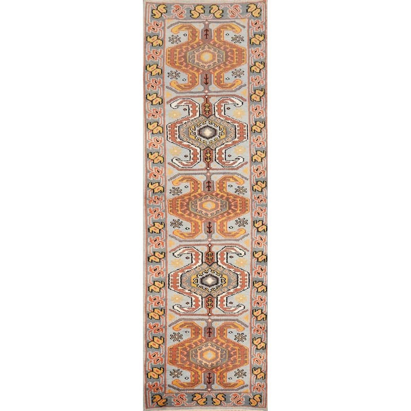 Hand Knotted Oriental 100% Wool Carpet Traditional Geometric Navy Blue & Blues Kazak Runner Rug - 10' 0'' X 2' 7''