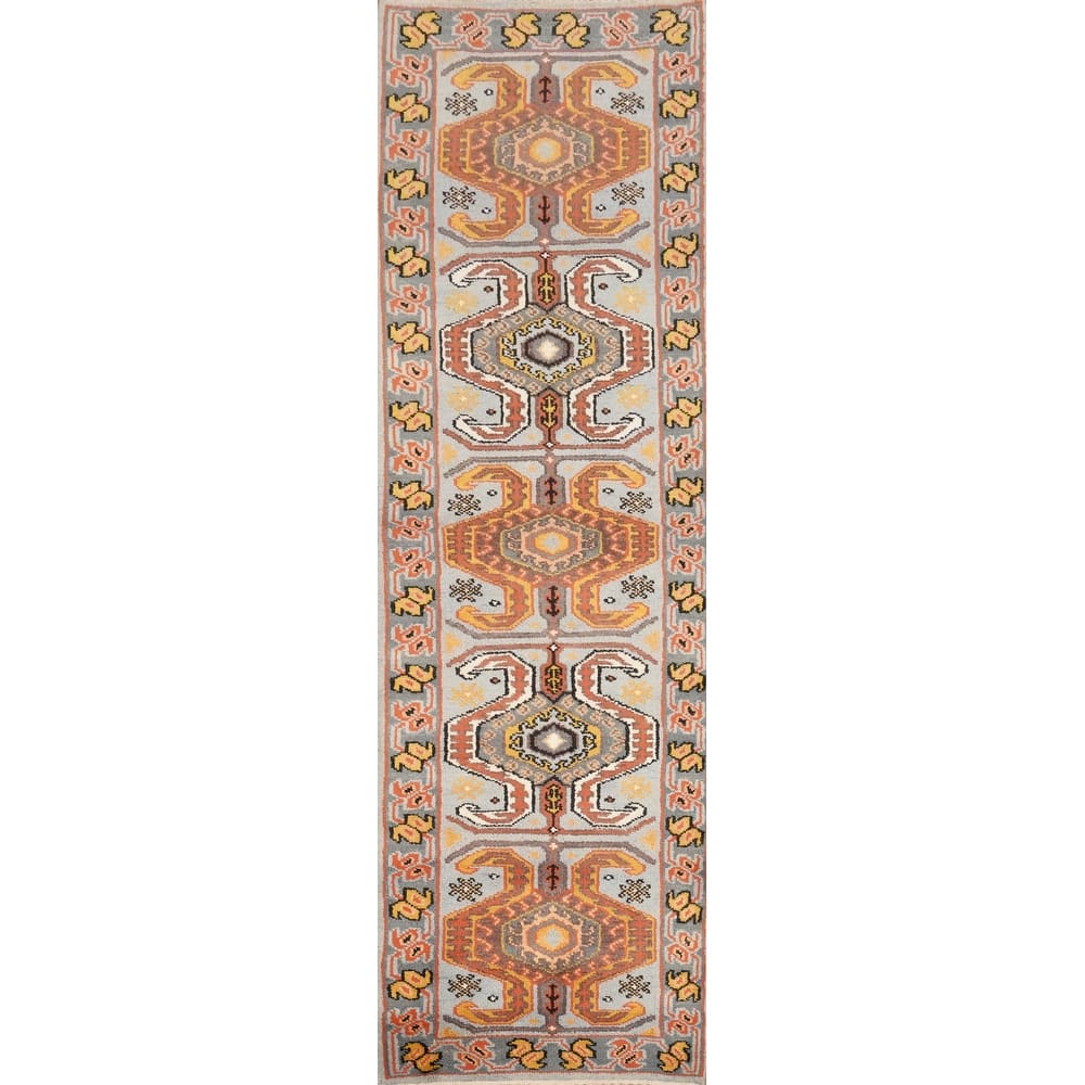Hand Knotted Oriental 100% Wool Carpet Traditional Geometric Navy Blue & Blues Kazak Runner Rug - 10' 0'' X 2' 7''
