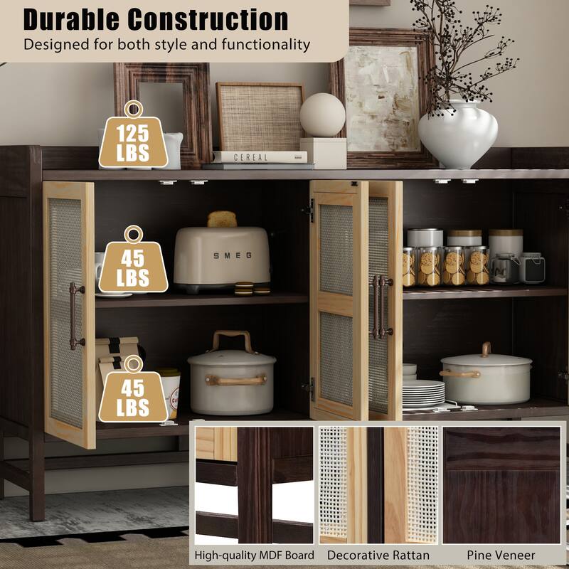 Natural Walnut Buffet Sideboard Storage Cabinet, Rattan Doors Accent Cabinet Console Table for Dining Room Living Room