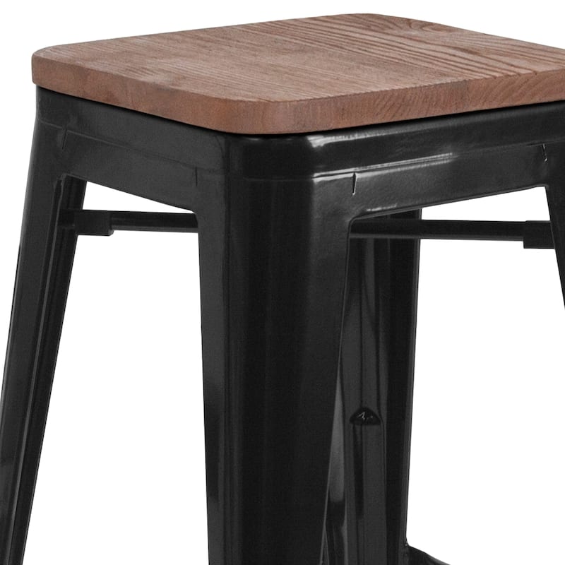 24" High Backless Metal Counter Height Stool with Square Wood Seat
