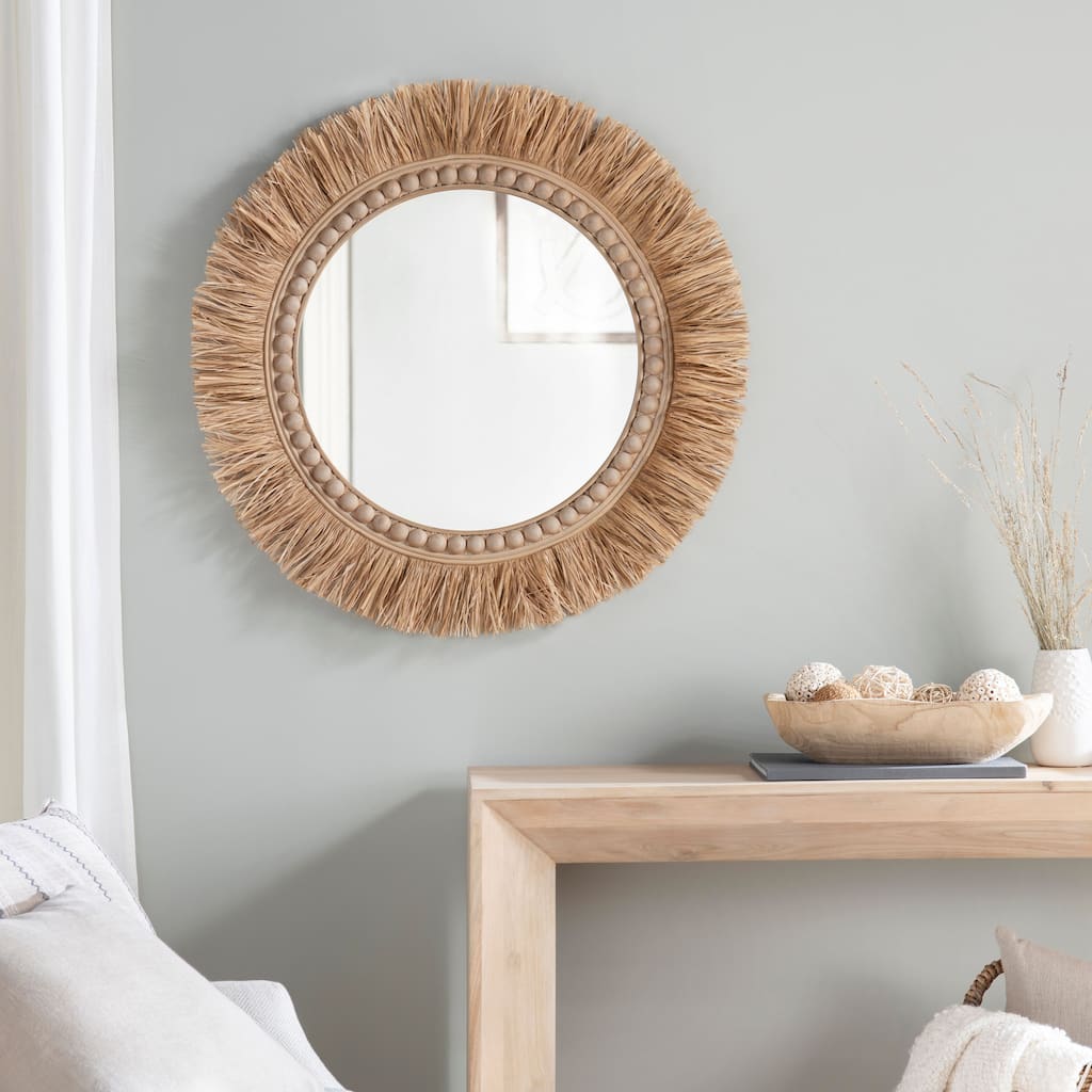 Rattan Round Mirror with Natural Accents and Fringe