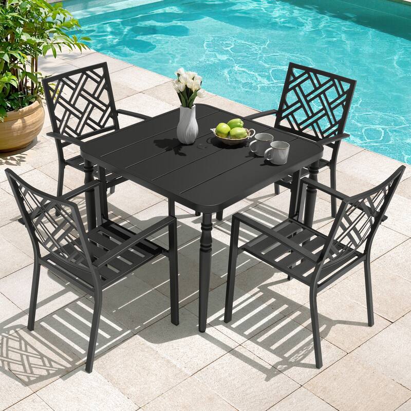 5-Piece Metal Patio Dining Set with Umbrella Hole and 4 Stackable Chairs