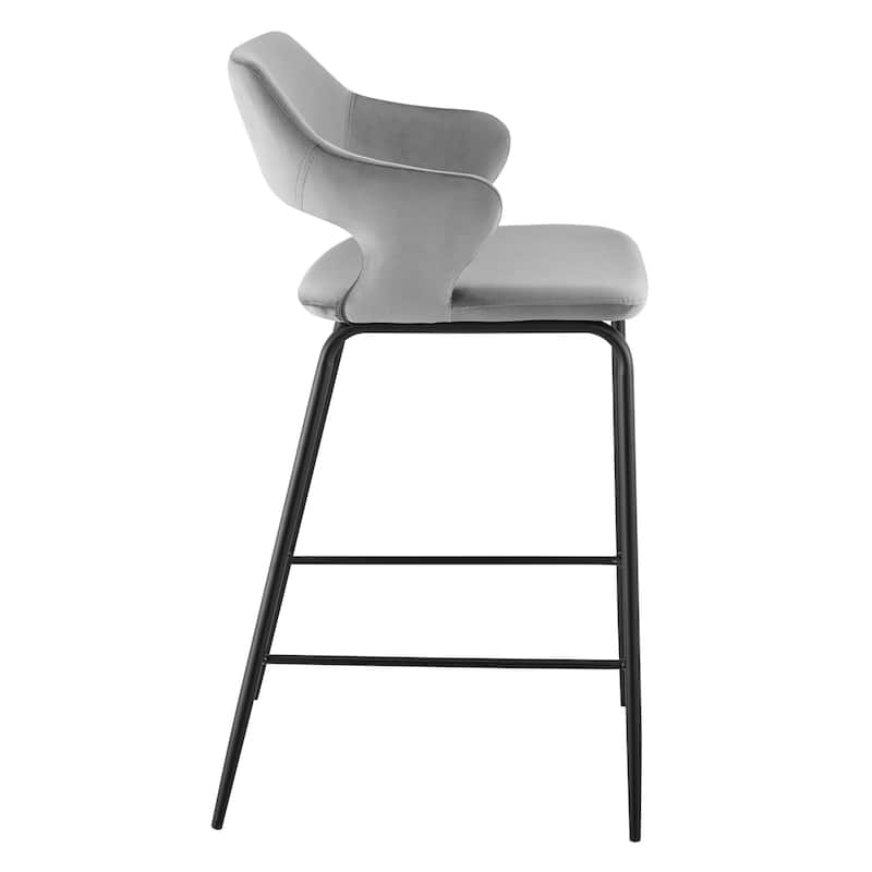 HomeRoots 26" Gray and Black Velvet and Steel Low Back Counter Height Bar Chair