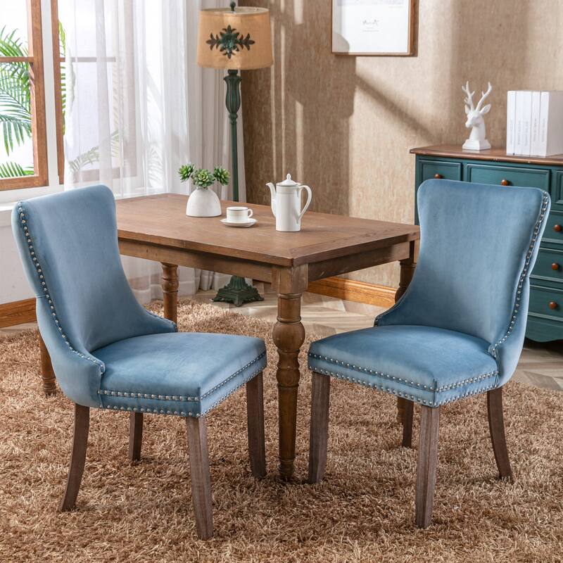 Velvet Upholstered Dining Chair Set of 2, Wing-Back Kitchen Chairs with Backstitching Nailhead Trim and Solid Wood Legs