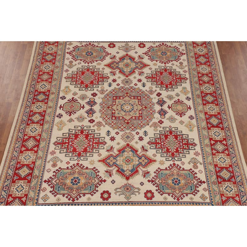 Ivory Geometric Kazak Oriental Area Rug Handmade Wool Carpet - 8'0" x 10'3"