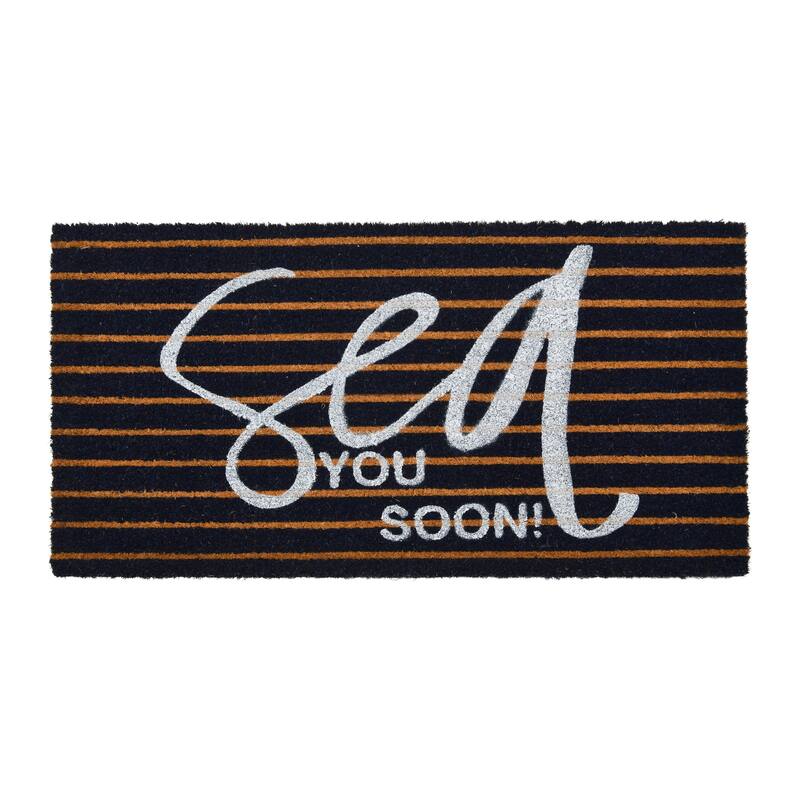 Coir Entry Doormat "Sea You Soon" with non-slip liner backing, Brown & White Stripe Design
