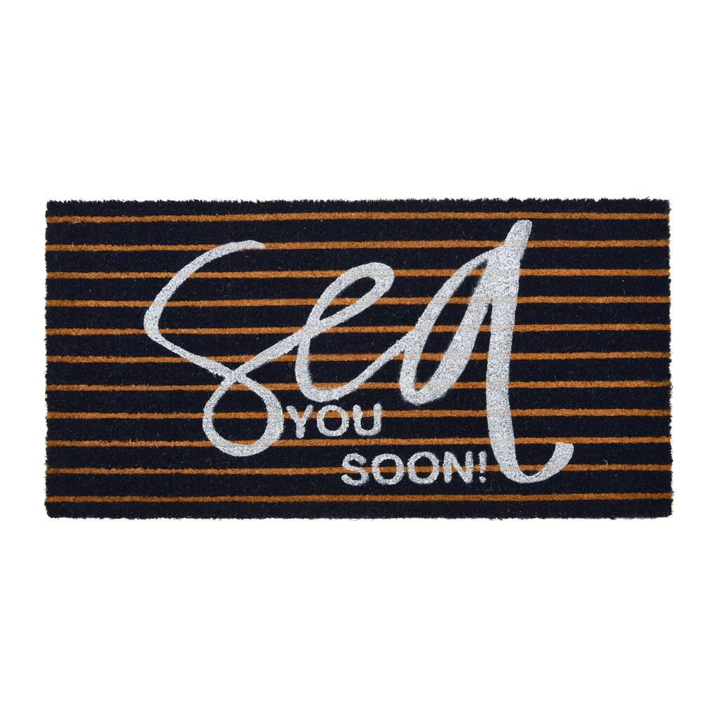 Coir Entry Doormat "Sea You Soon" with non-slip liner backing, Brown & White Stripe Design