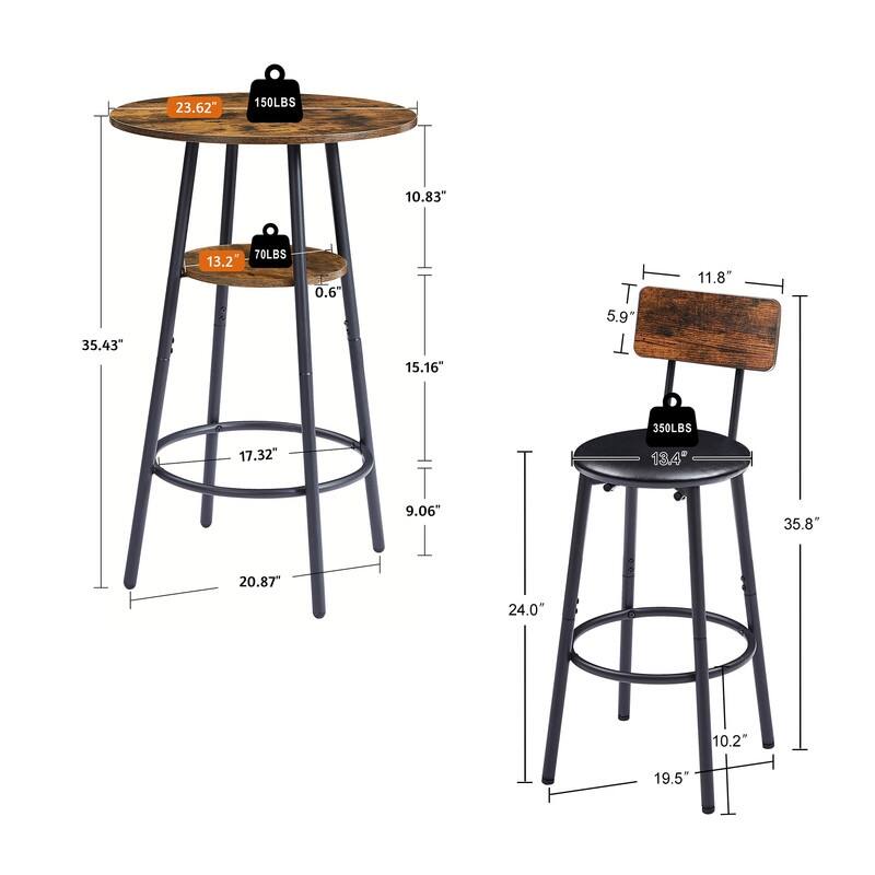 Round Bar Stool Set with Storage Shelf and Backrest - 35.43" Counter Height Stools