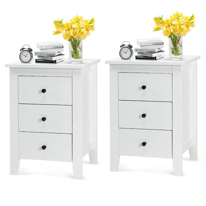 Costway 1PC/2PCS Nightstand End Beside Sofa Table w/ 3 Drawers Bedroom - White-2 PCS