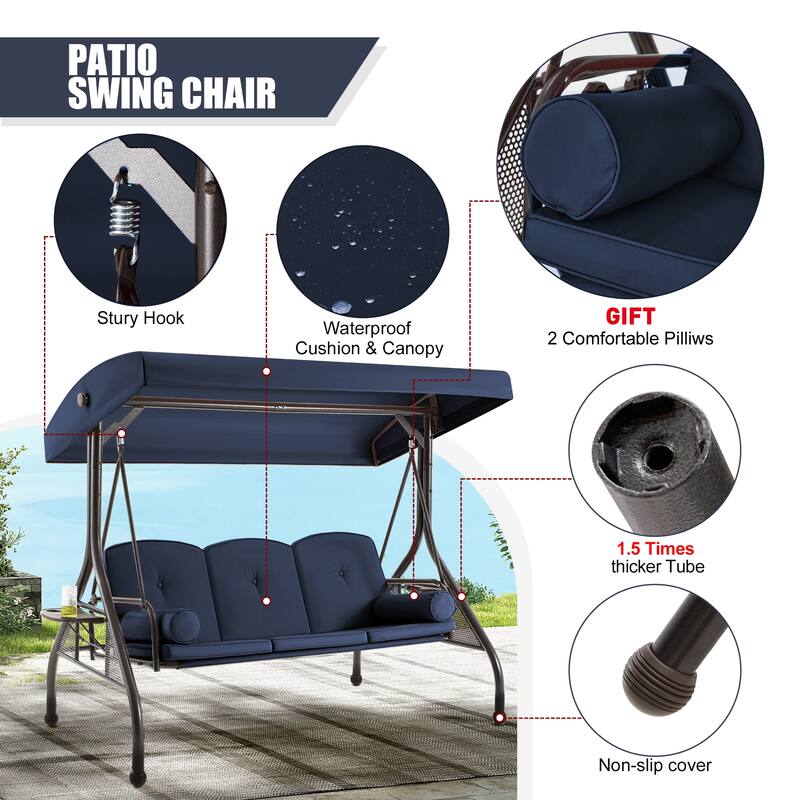 3-Seat Outdoor Porch Swing with Adjustable Canopy & Stand, Convertible Bed, All-Weather, Thickened Cushions & Cup Holders