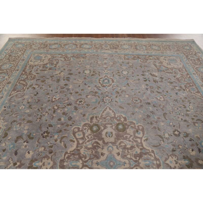 Hand Knotted Oriental 100% Wool Carpet Traditional Floral Greys & Charcoal Tabriz Area Rug - 13' 3'' X 9' 4''