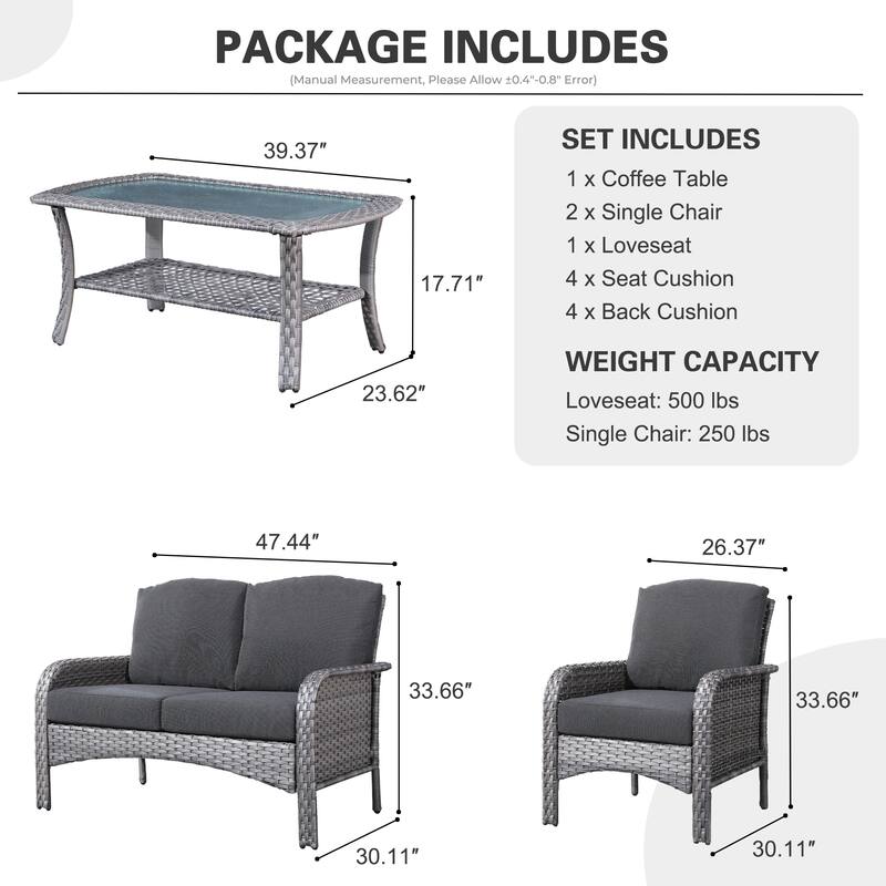 HOOOWOOO 4-piece Wicker Outdoor Conversation Sofa Set with Glass Coffee Table