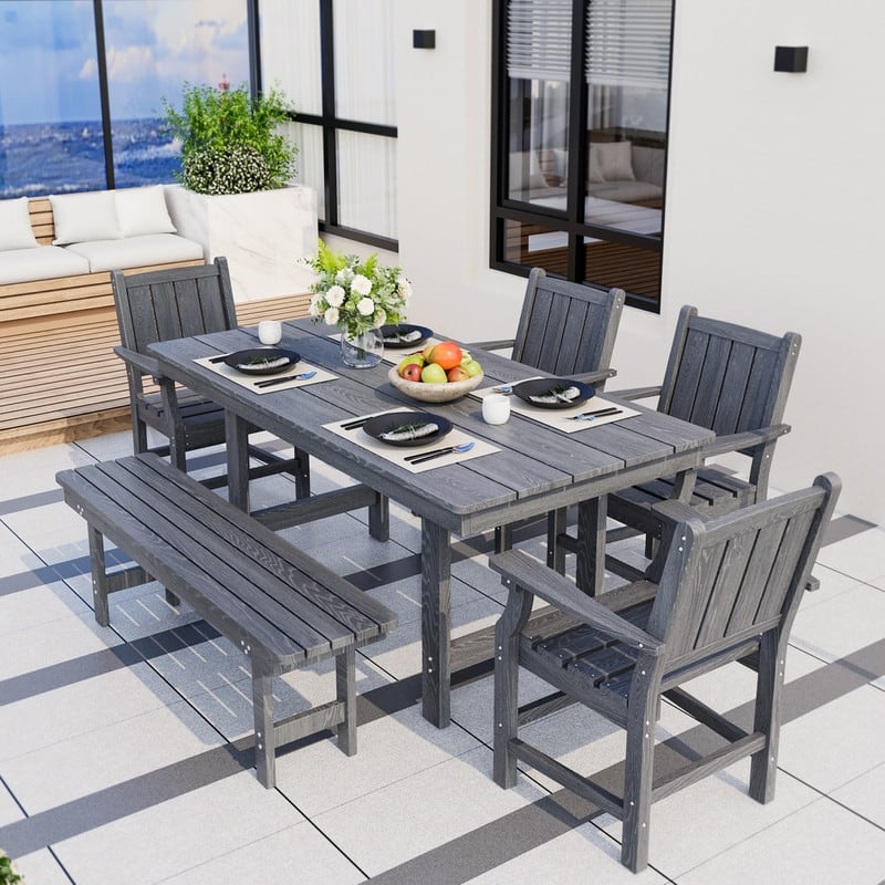 Gray 5/6-Piece HDPE Patio Dining Set with Rectangular Table & Bench