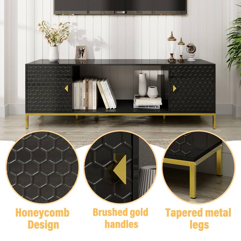 Modern Wood Media Console TV Stand for TVs up to 70", Entertainment Center Console with Cabinet Storage & Open Shelves