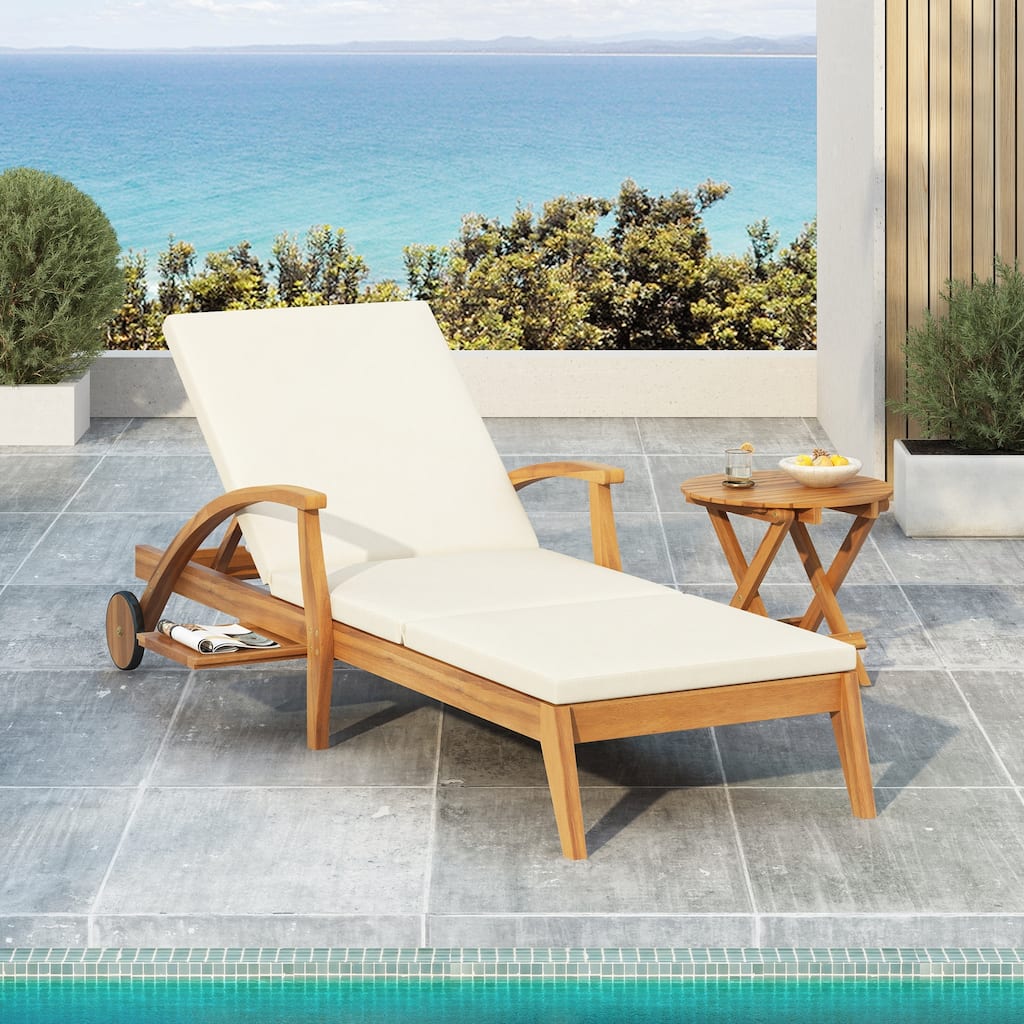 Acacia Wood Wheeled Chaise Lounge Adjustable Backrest Cushion