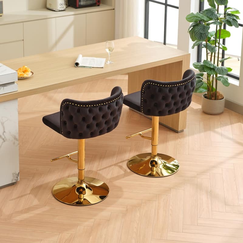 Swivel Barstools Adjusatble Seat Height With Gold-plating Base, Upholstered Bar Stools with the whole Back Tufted, Set of 2