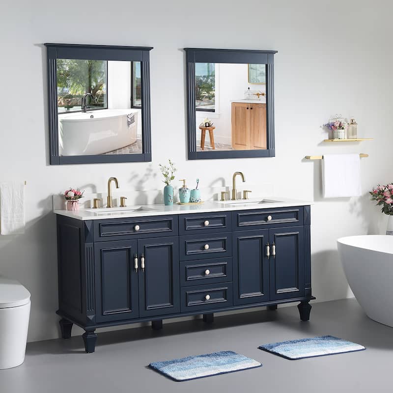 35'' H Solid Wood Bath Vanity with Stain-resistant Carrera White Quartz Top and Double Sink