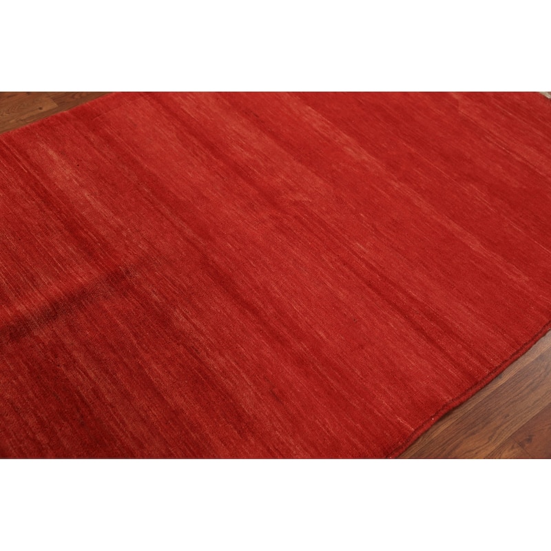 Gabbeh Modern Rug Hand-Knotted Stripe Red Wool Carpet - 4'0" x 5'9"
