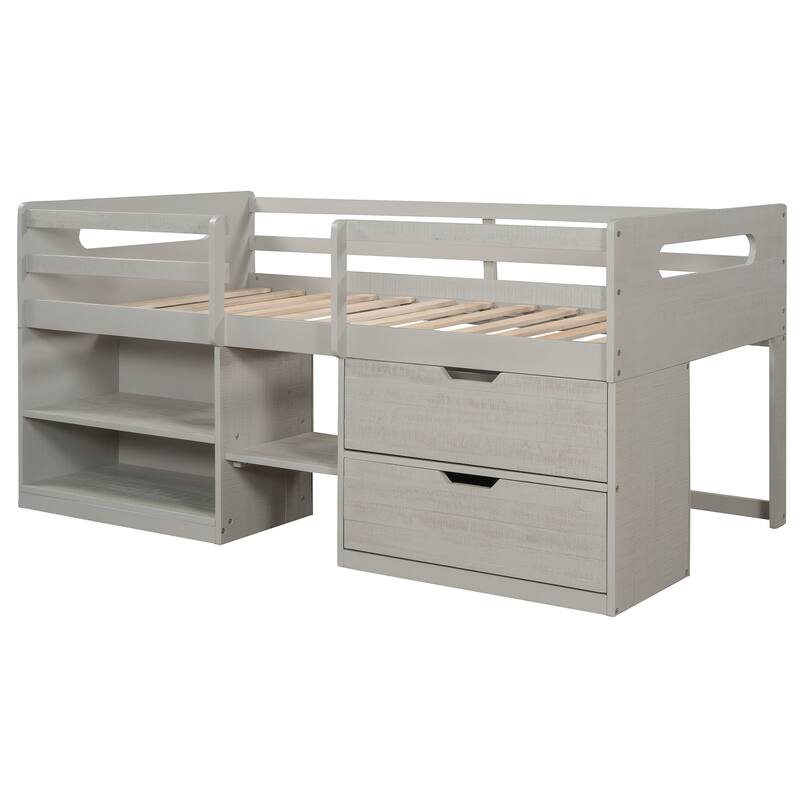 Twin Solid Pine Loft Bed with Shelves, Drawers, and Guardrail