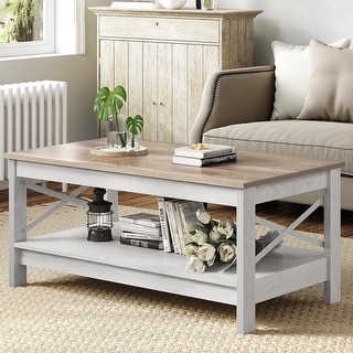 Farmhouse Coffee Table with Storage 2-Tier Center Table for Living Room