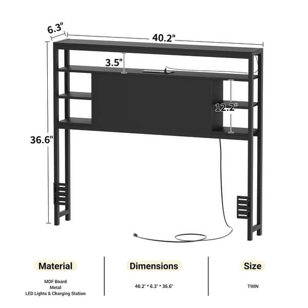 dimension image slide 1 of 11, Headboards with Storage Shelves, Head Board with Power Outlet and LED Light for Bed Frame