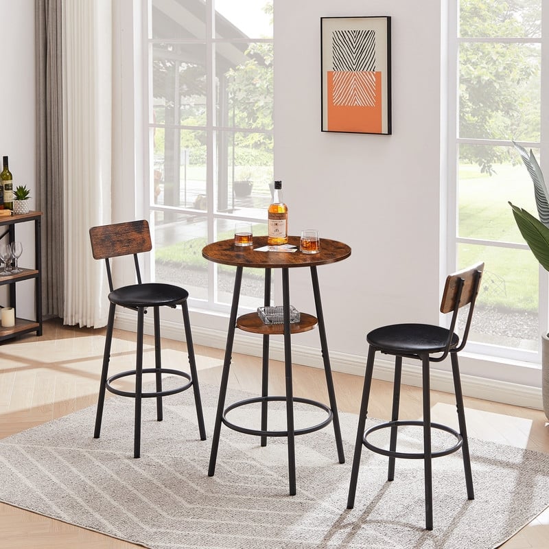 Rustic Brown Round Bar Stool Set with Shelf, Upholstered Stool