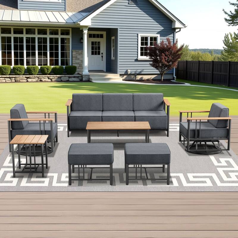 Outdoor Patio Funiture Set with Extra-Thick Seat cushion - Black & Dark Grey Cushion - 7PCS Sofa Swivel Chair Ottoman with Table