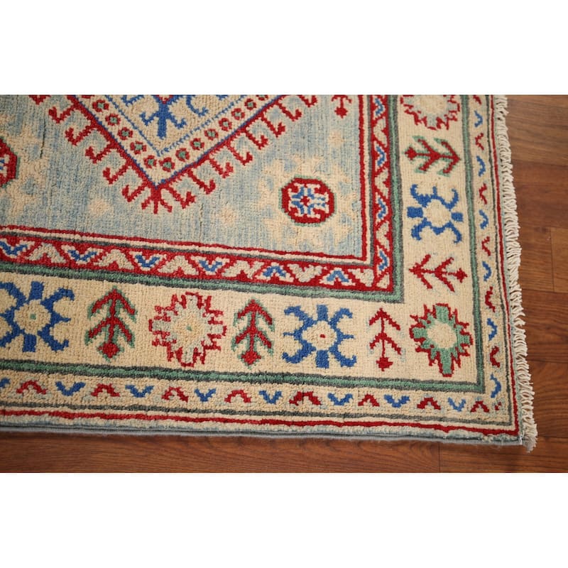 Geometric Kazak Oriental Runner Rug Hand-Knotted Grey Wool Carpet - 2'7" x 16'0"