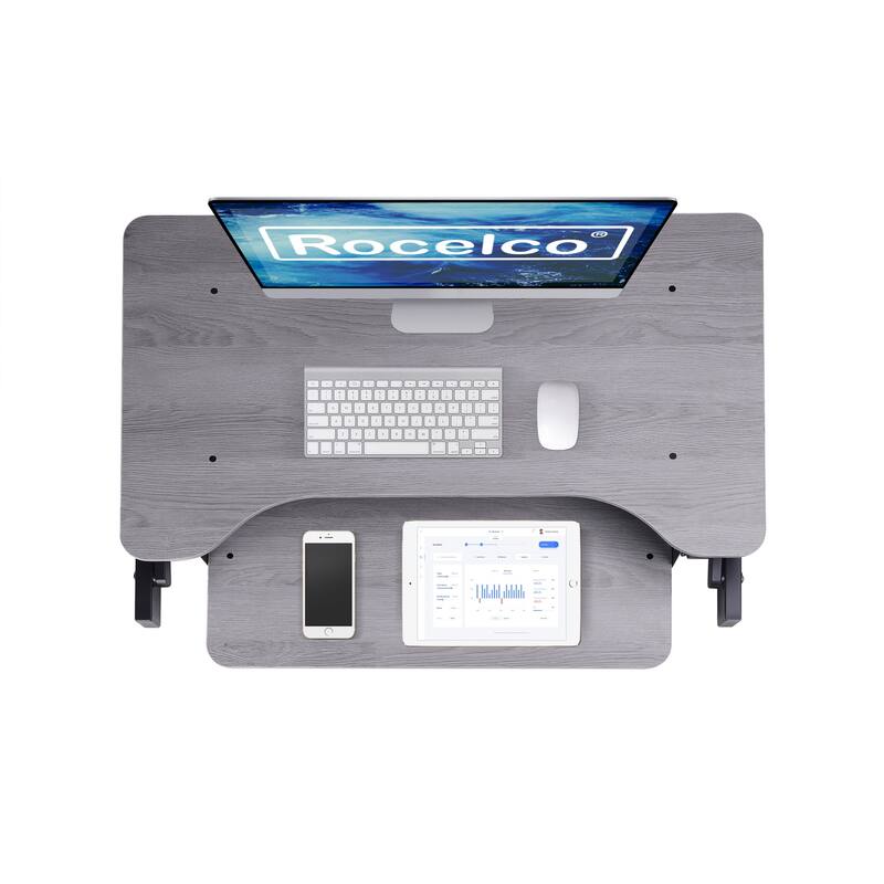 Rocelco 37.5 in. W Gray Height Adjustable Standing Desk Converter with Dual Monitor Mount and Double Screen Riser Platform