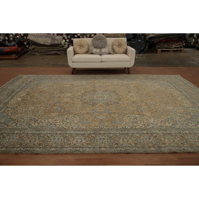Hand Knotted Oriental 100% Wool Carpet Traditional Floral Brown Kerman Area Rug - 12' 11'' X 9' 7''