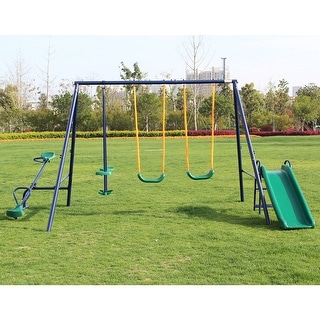5-in-1 Outdoor Kids Swing Sets w/Swings, Glider, Slide & Teeter Totter