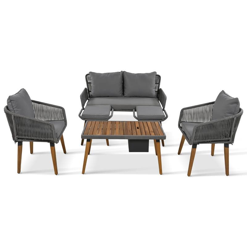 6 Pcs Patio Furniture Set, All-Weather Conversation Sets with Cushions Armchairs, Acacia Wood Bar Table and Ice Bucket