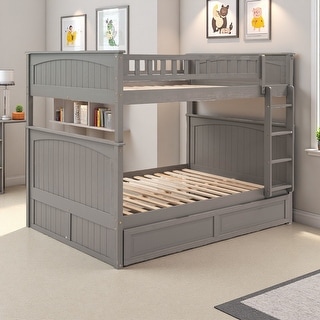 Full Over Full Solid Wood Bunk Bed with Twin Trundle and Guardrails ...