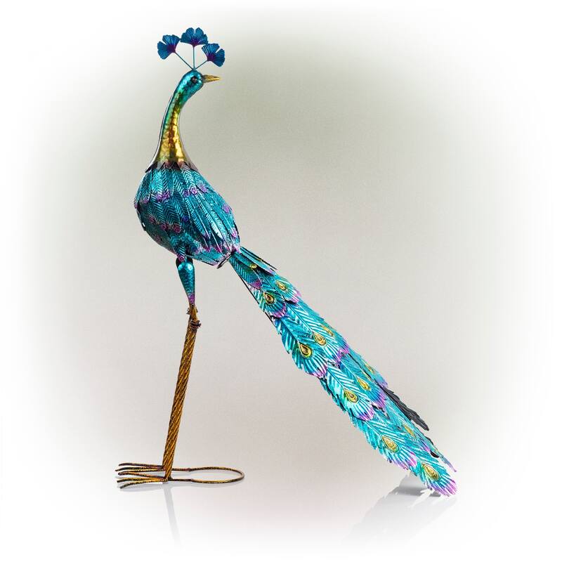 Alpine Corporation 23" Tall Outdoor Metallic Peacock Tail Spread Yard Statue Decoration, Multicolor