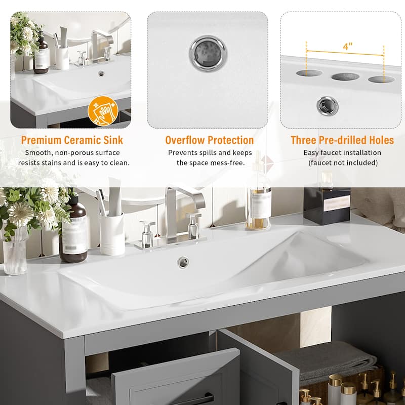 36" Modern Bathroom Vanity with Ceramic Sink, Soft-Close Door, Adjustable Shelf & 3 Drawers, Ample Storage.