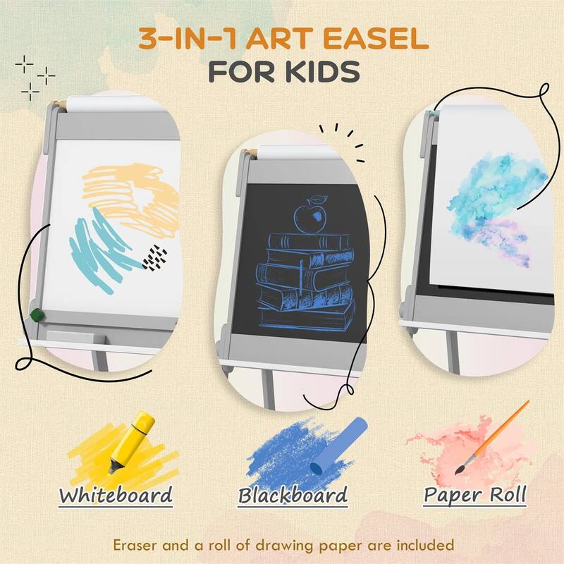 3-in-1 Kids Art Easel with Chalkboard Whiteboard Paper Roll Storage Boxes Pen Holder for Toddlers Ages 3-8 Gray