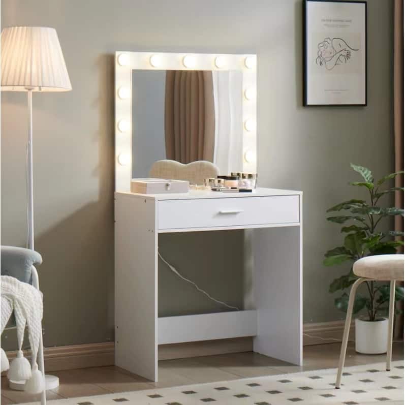 LED Mirror Vanity Dressing Table with Lights for Women & Girls - 3-Color Adjustable Light Strips, 2 Large Drawers - White
