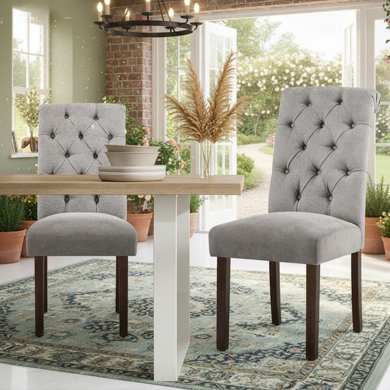 RENEWLINE Tufted Parsons Dining Side Chairs ,Upholstered Fabric Dining Chairs Kitchen Chairs with Padded Seat(Set Of 2) - LightGrey