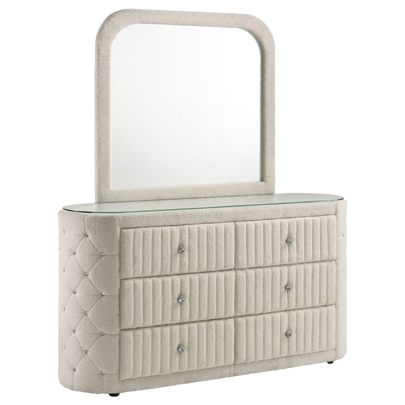 Sonya 6-drawer Upholstered Bedroom Dresser with Mirror Ivory - Ivory