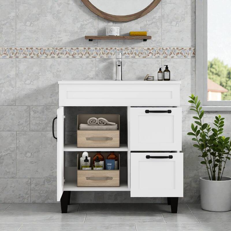 31.9" Bathroom Vanity with Ceramic Sink, 2 Drawers and 1 Door, Soft-Close Storage Cabinet, Black Hardware