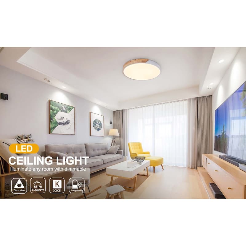 1 - Light Mid-Century Modern White Metal Wood LED Dimmable Flush Mount