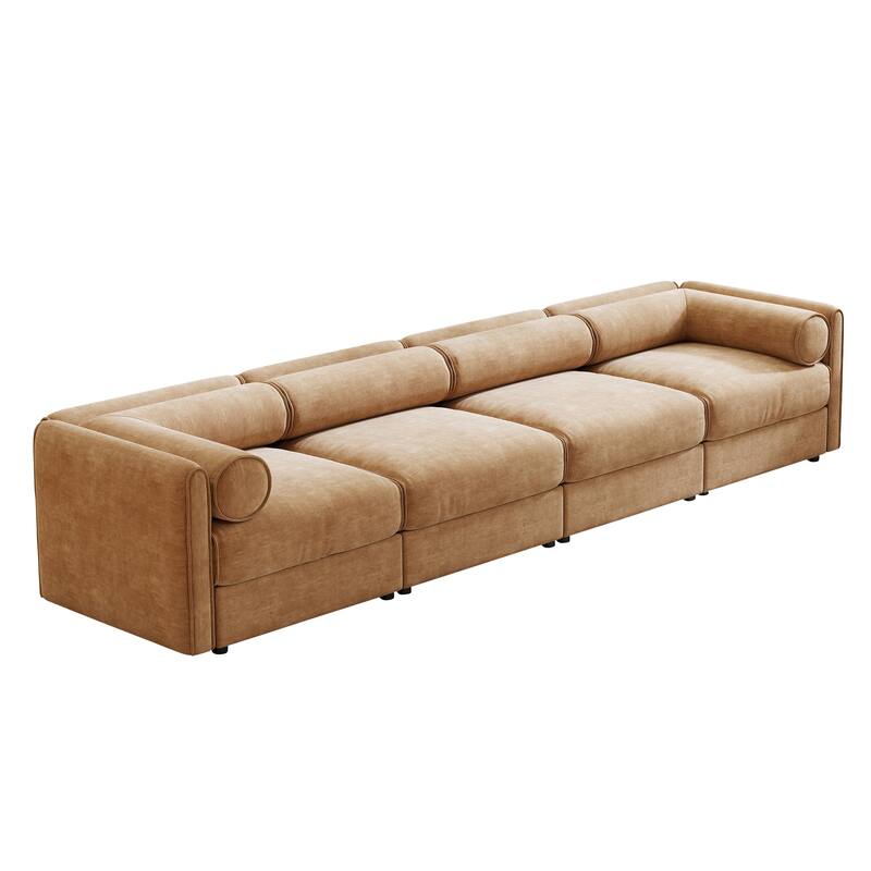 Modern Chenille 6-Seater Sofa with Ottoman Storage, Hidden Storage, Cylindrical Cushioned Arms and Backrest