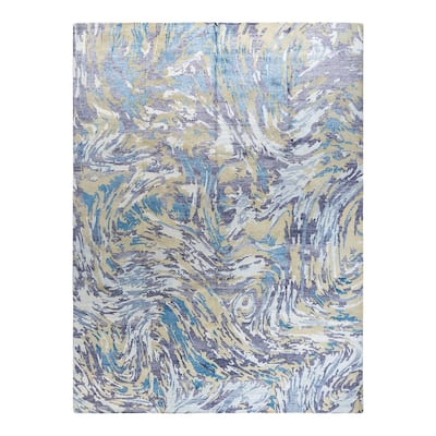 Modern One-of-a-Kind Hand-Knotted Area Rug - Ivory, 9' 1" x 12' 0" - 9' 1" x 12' 0"