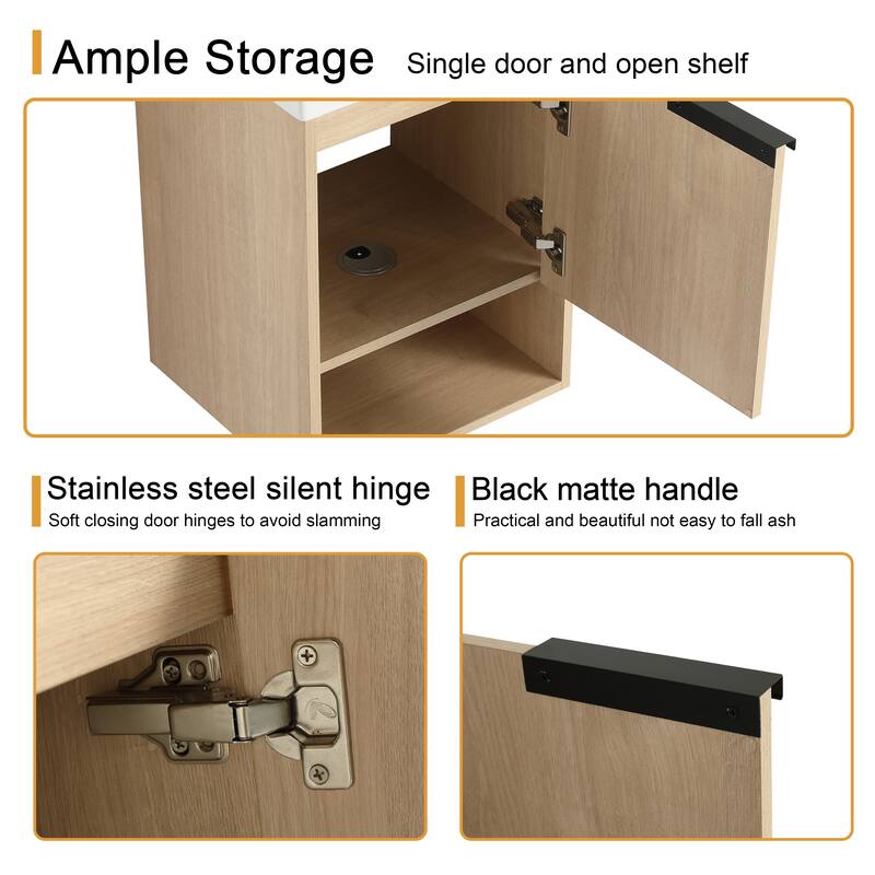 Malwee 16"/20" Floating Bathroom Vanity, Mini Wall Mounted Bathroom Vanity with Ceramic Sink and Soft Close Door