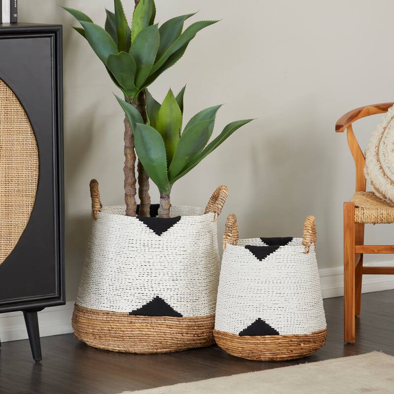 Banana Leaf Handmade Triangle Details Storage Basket with Handles - Set of 2 Black or White - CosmoLiving by Cosmopolitan
